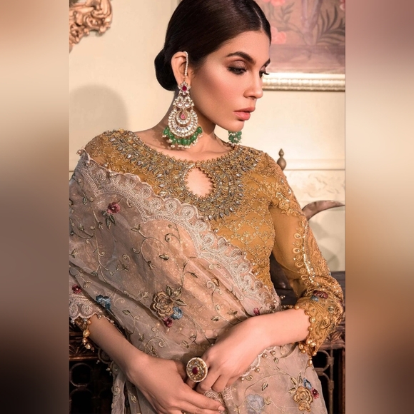 Authentic Official MARIA.B-MBROIDERED - Mustard Maxi Dress With Organza Duppata - Picture 2 of 14